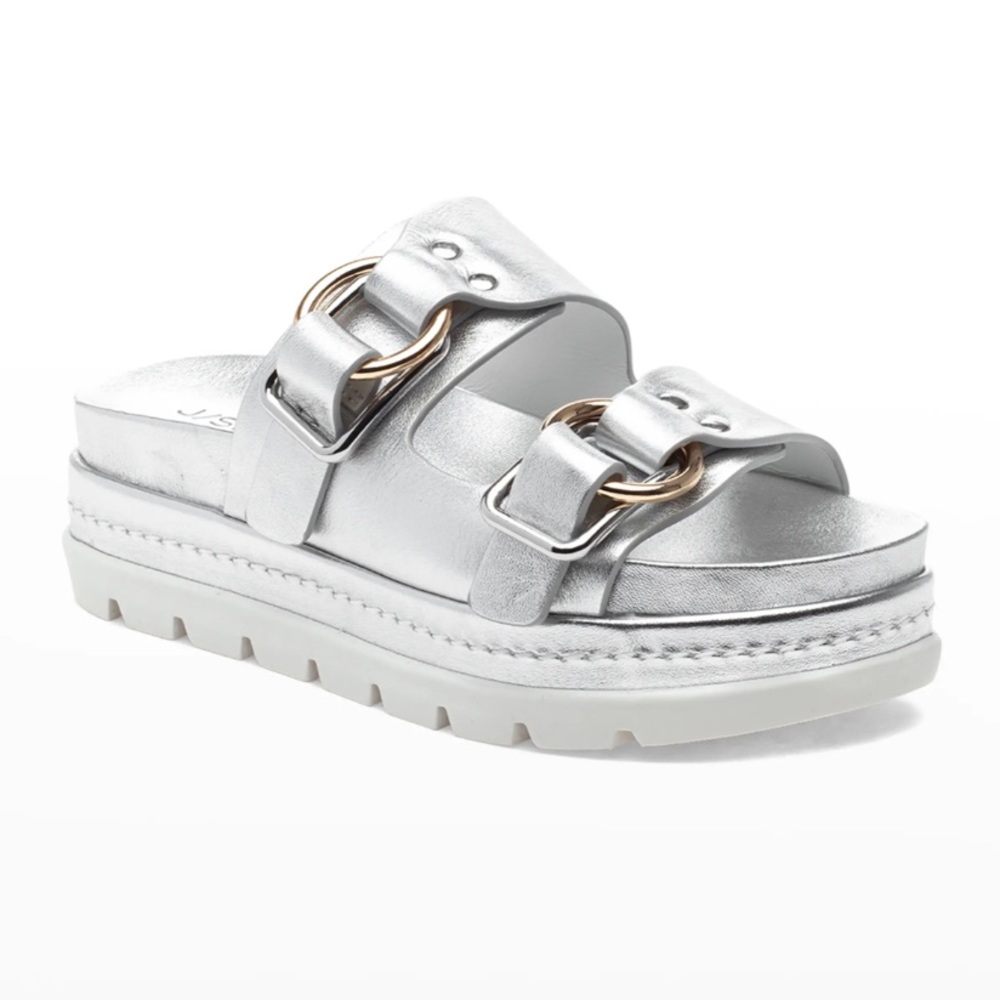NEW IN BOX J/SLIDES BAHA Silver Leather Double-Buckle Slide Sandals